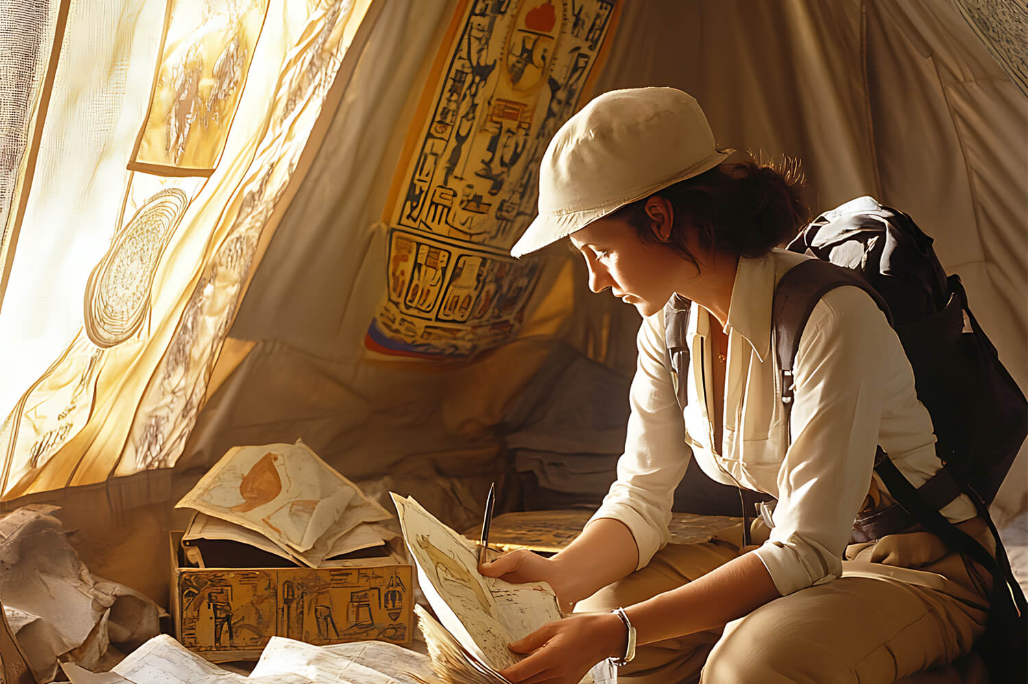Traveler exploring historical artifacts to discover local history and culture